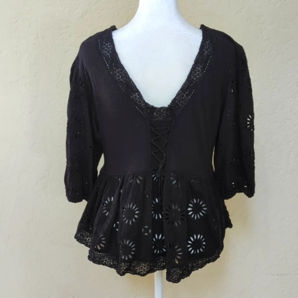 Free People Sweeter Side Black Eyelet Peplum Top Size Small